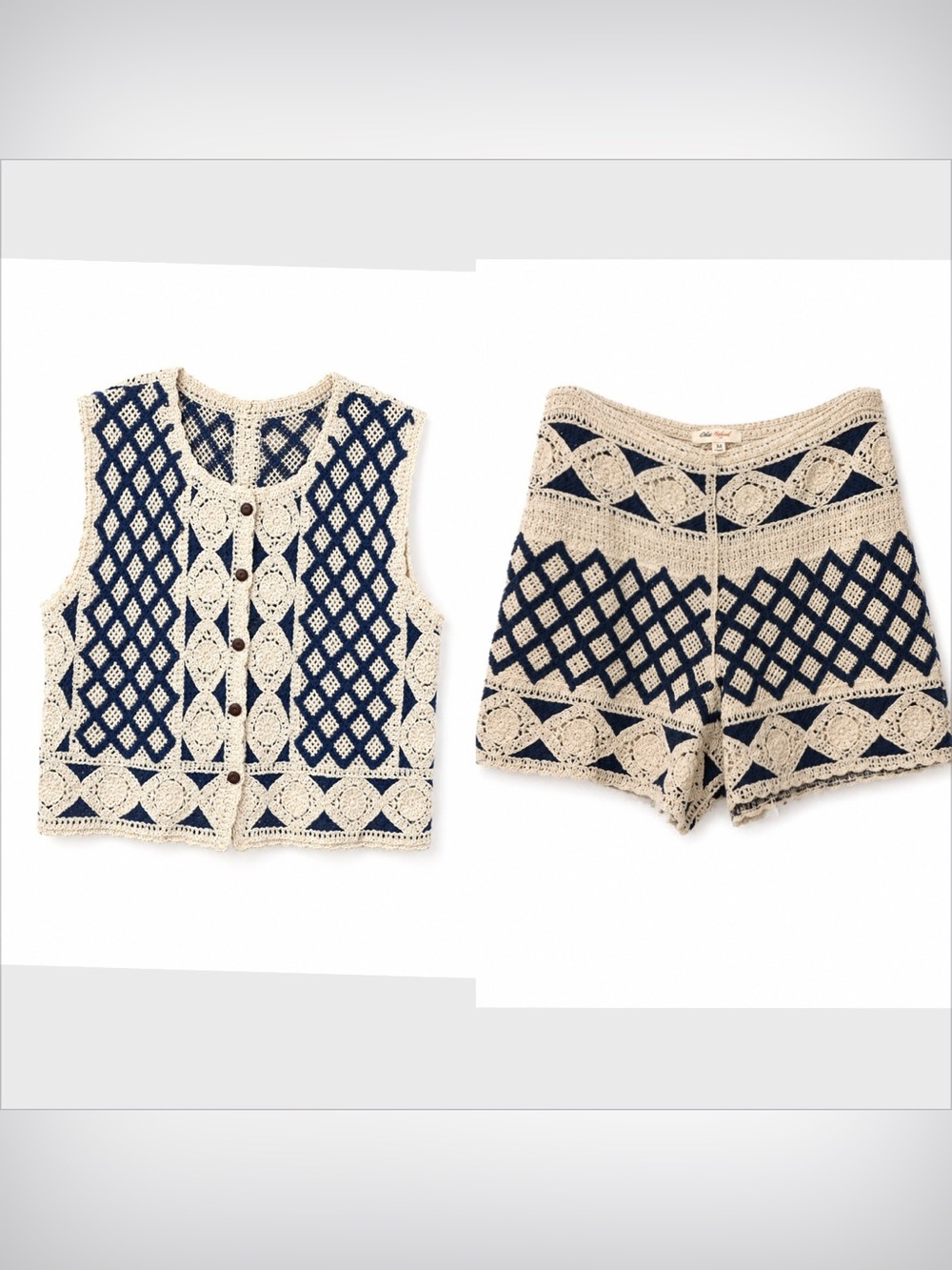 Crochet Two-Piece Vest & Shorts Set - Navy and Cream